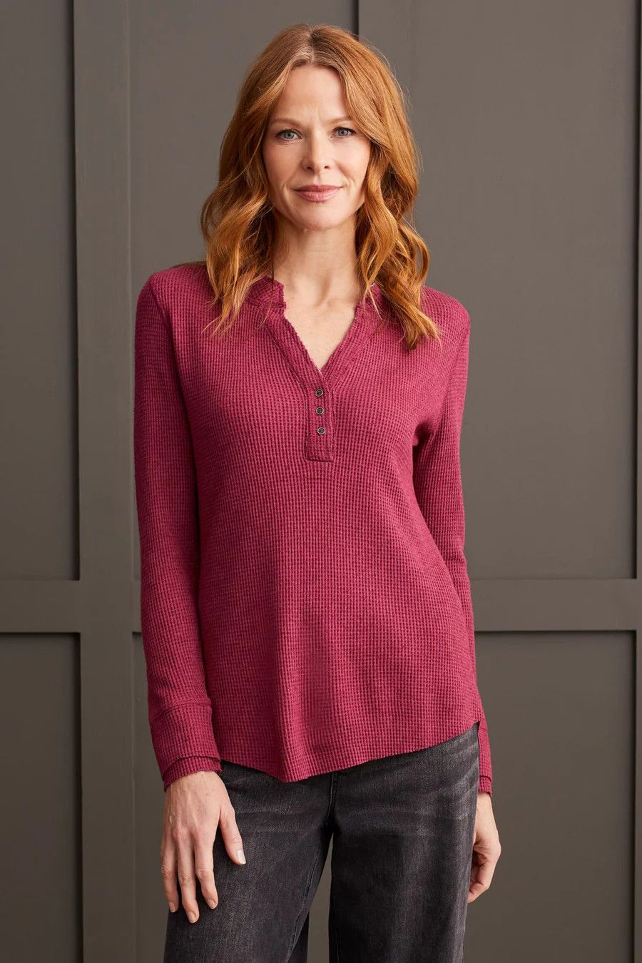 Waffle knit henley top, Color: H. Port Wine, Size: S
