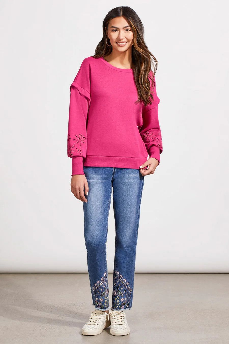 Eyelet detail sleeve soft sweater , Color: Magenta Haze, Size: S
