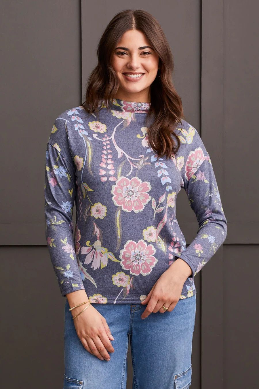 Drop shoulder printed top, Color: Blue Jay, Size: S