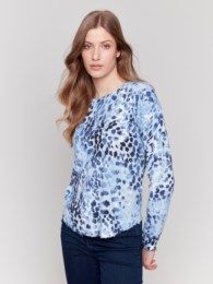 Printed hem sweater , Color: Indigo Mix, Size: S