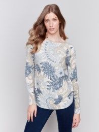 Ribbed sleeve detail print top, Color: Feather, Size: S