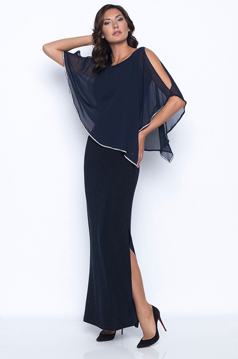 Rhinestone trim chiffon cape dress, Color: Midnight, Size: 10
