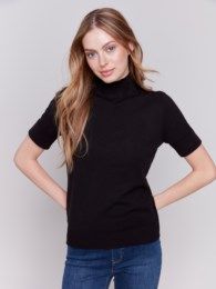 Short sleeve mock neck top, Color: Black, Size: S