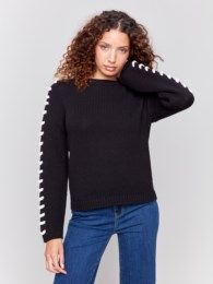 Shoulder stitch detail sweater, Color: Black, Size: S