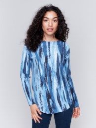 Printed round hem sweater , Color: Denim, Size: S