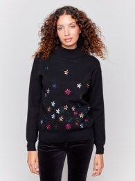 Floral embroidered mock neck , Color: Black, Size: S