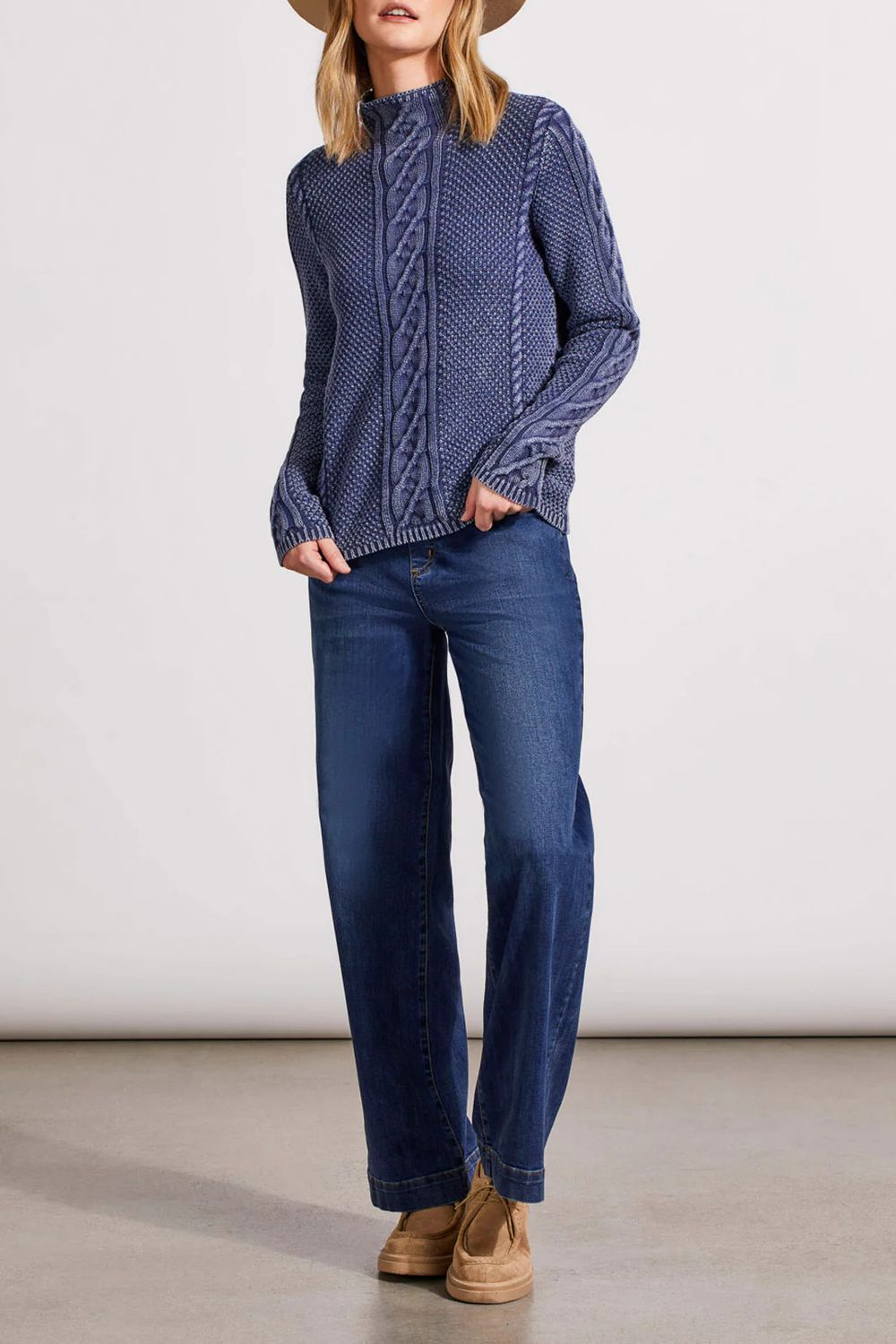 Vintage wash cable funnel neck , Color: Dark Bj, Size: S