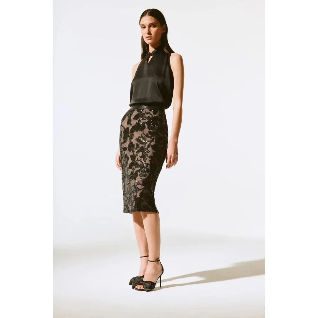 Sequin embroidered midi skirt, Color: Black/ Nude, Size: 8