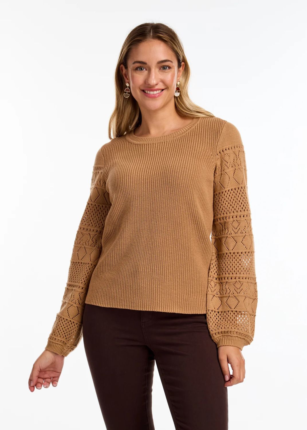 Pointelle long sleeve sweater, Color: Cafe au Lait, Size: XS