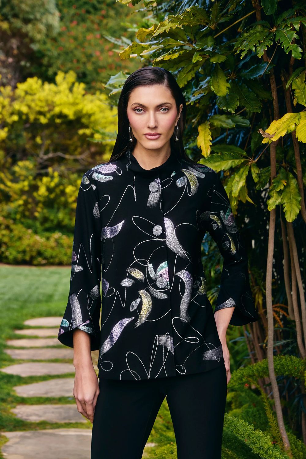 Mandarin collar foil print jacket , Color: Black/ purple, Size: 6