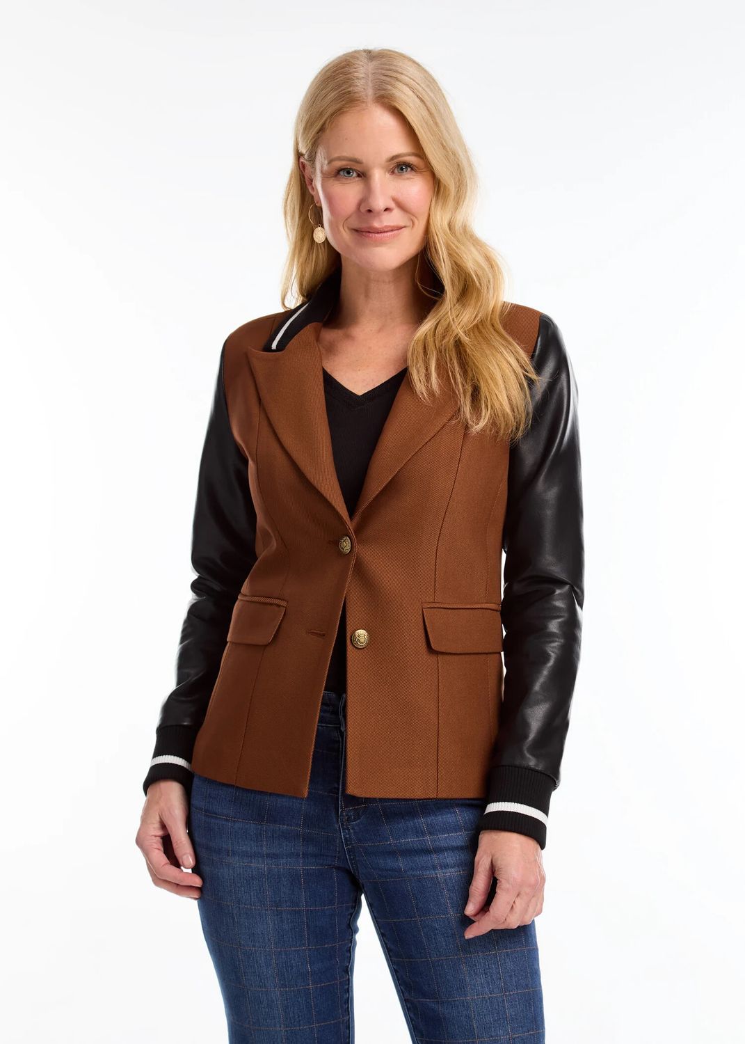 Mixed media blazer, Color: Espresso, Size: XS