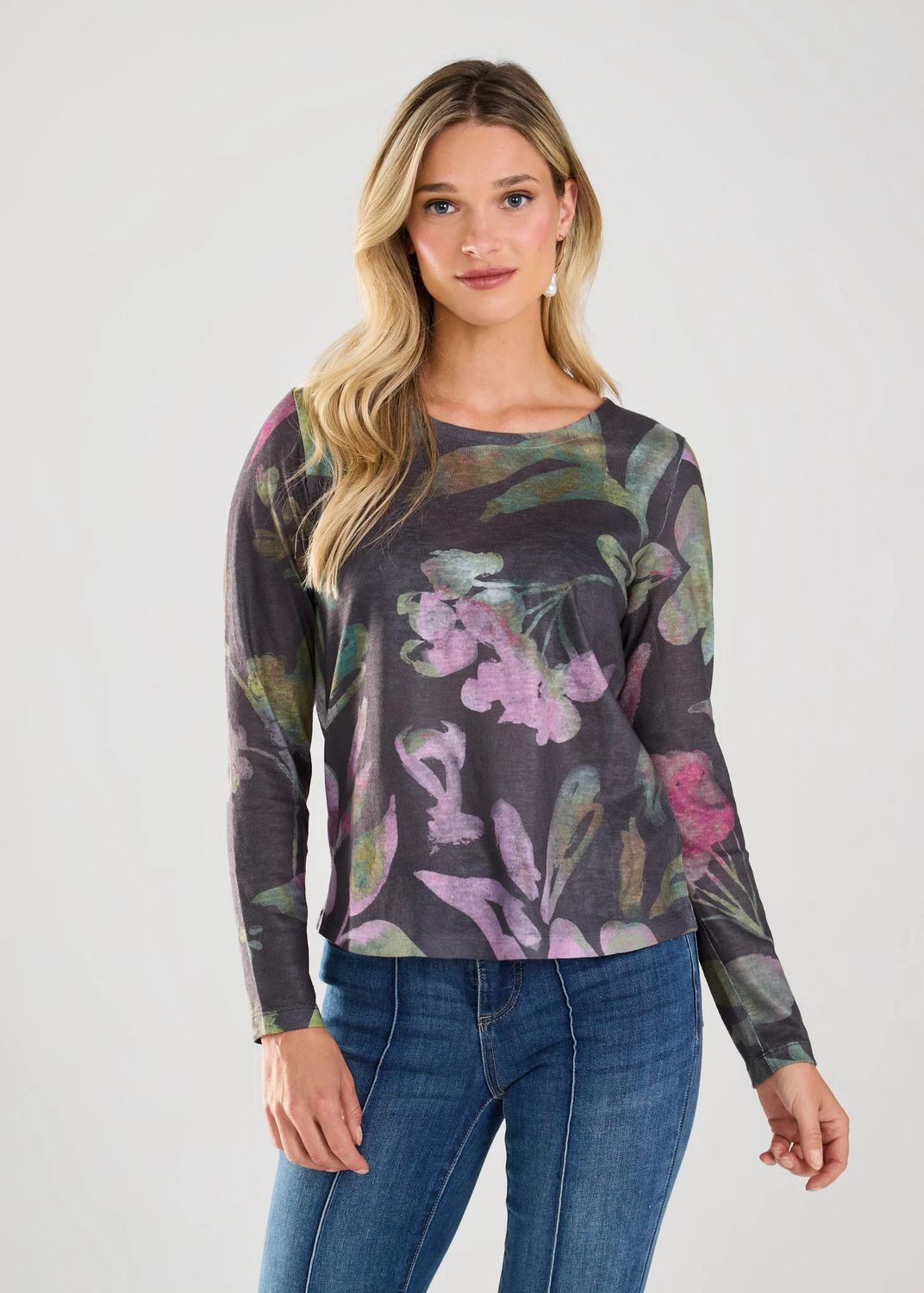 Printed crew neck top, Color: Purple Magnolia, Size: XS