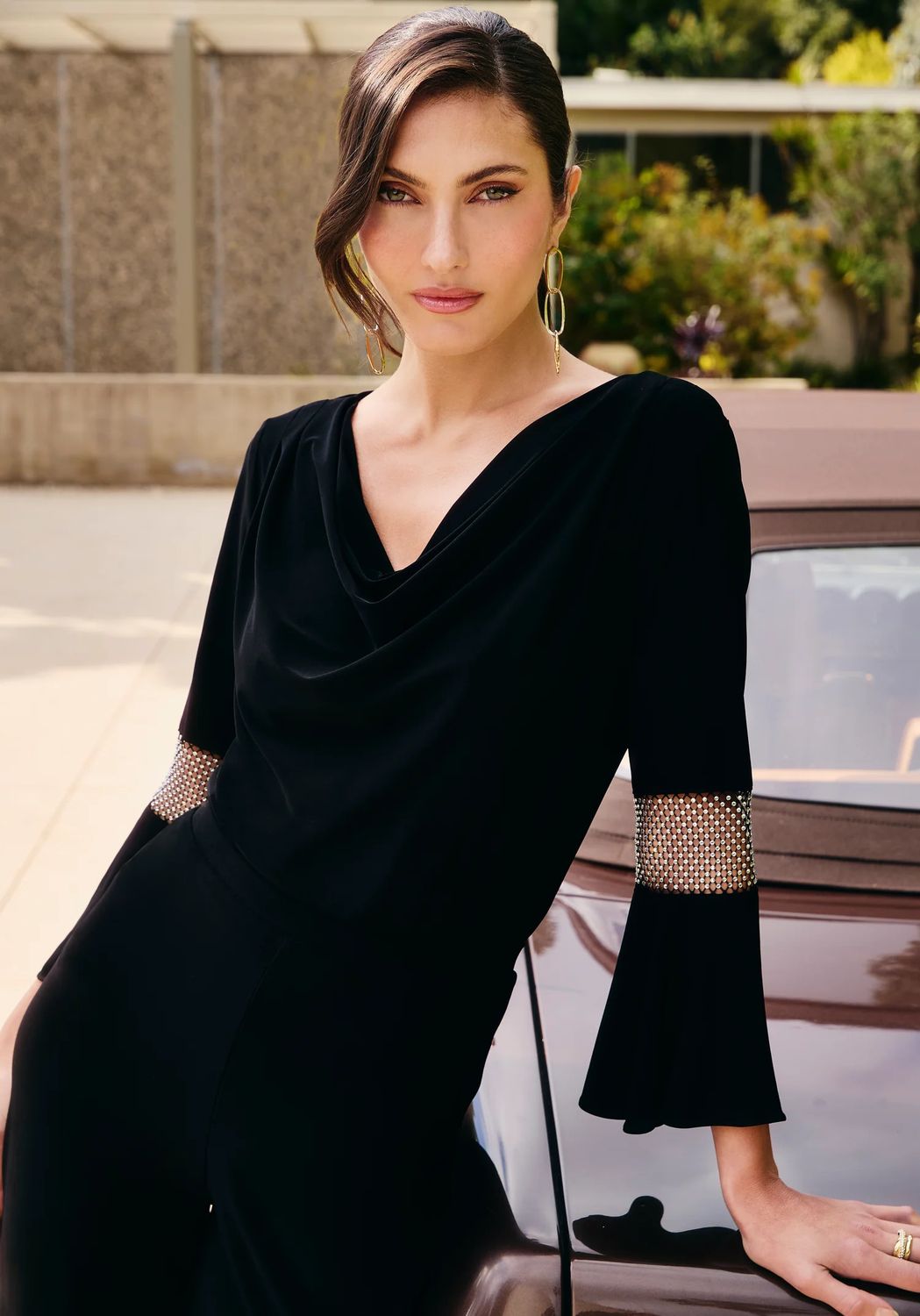 Rhinestone detail bell sleeve top, Color: Black, Size: S