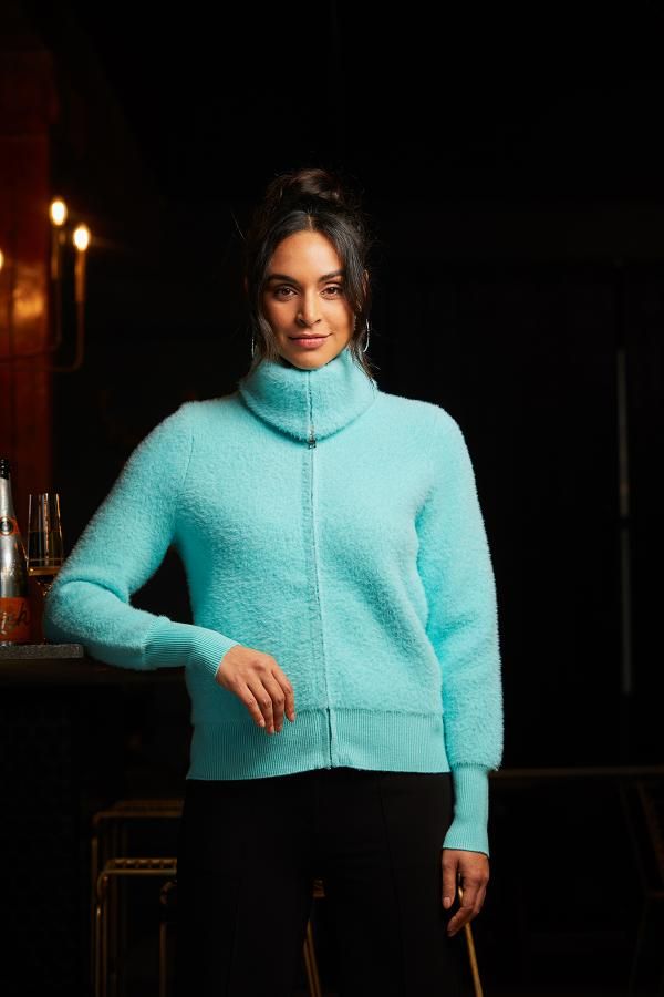 Eyelash zip cardigan , Color: Aqua, Size: S