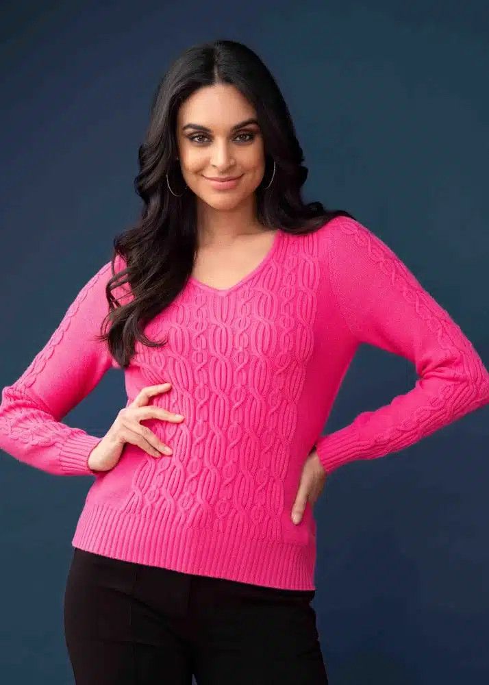  V-neck argyle knit sweater, Color: Fuchsia, Size: XS