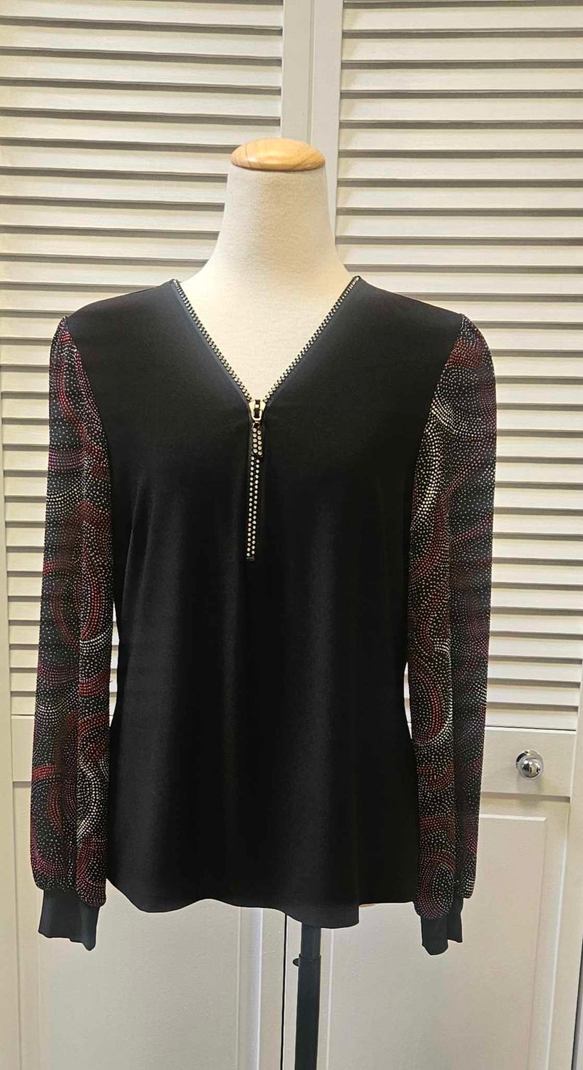 Puff sleeve rhinestone half zip top, Color: Black/ Red, Size: 12