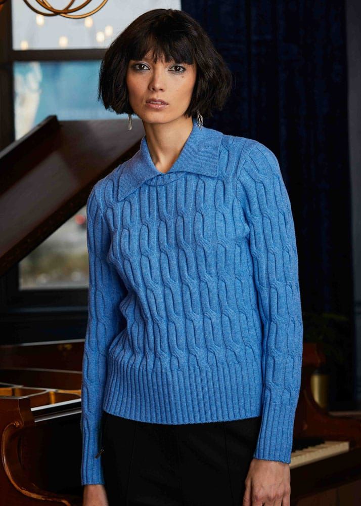 Collared cable knit sweater , Color: Blue, Size: S