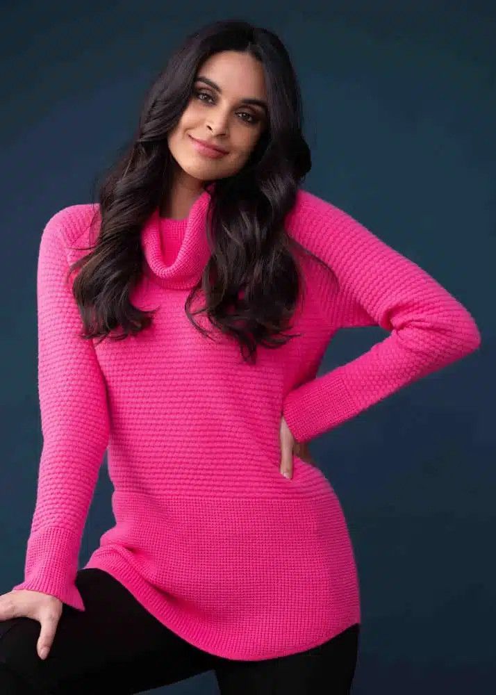 Cowl neck rib knit top, Color: Fuschia, Size: S