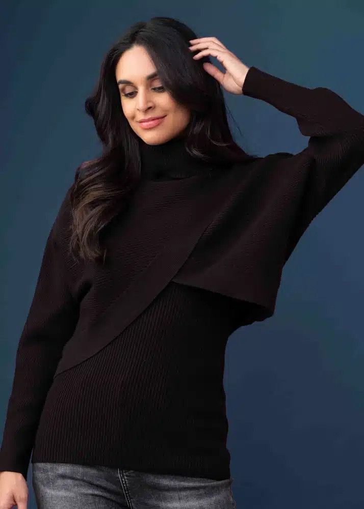 Wrap over crop sweater, Color: Black, Size: S