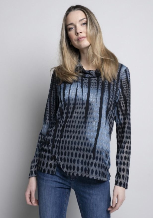 Printed cowl neck sweater, Color: Blue MIx, Size: S
