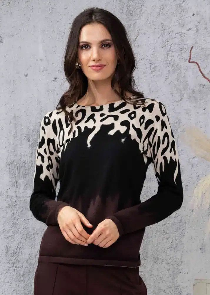 Boat neck animal print sweater , Color: Black/ Beige, Size: S