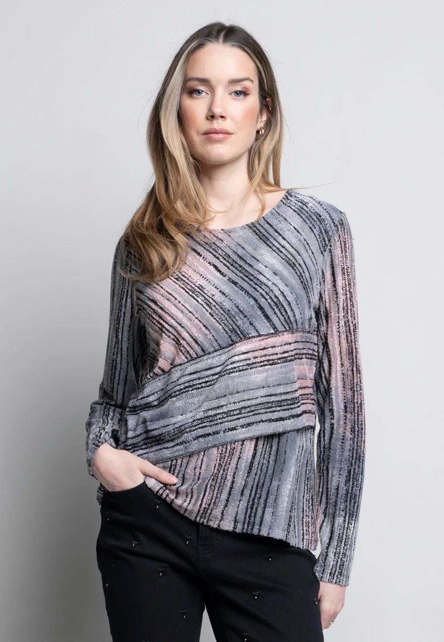 Asymmetrical print boat neck top, Color: Pink Multi, Size: S