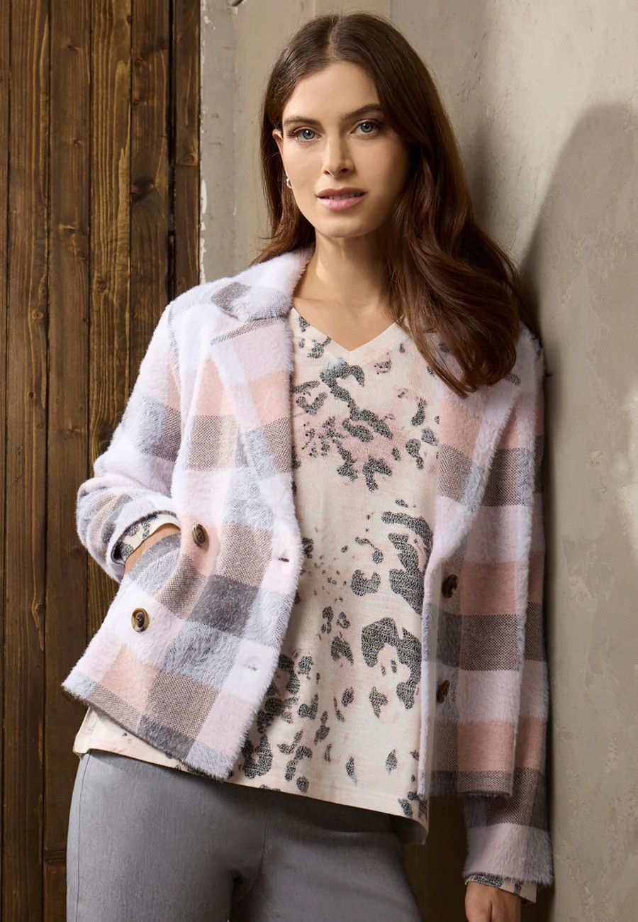 Plaid knit double breasted jkt, Color: Pink Mix, Size: S