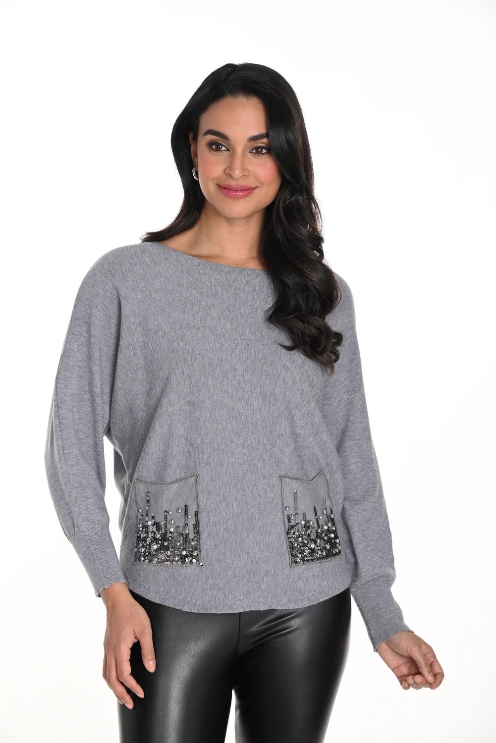 Boat neck embellished pocket sweater , Color: Grey, Size: S