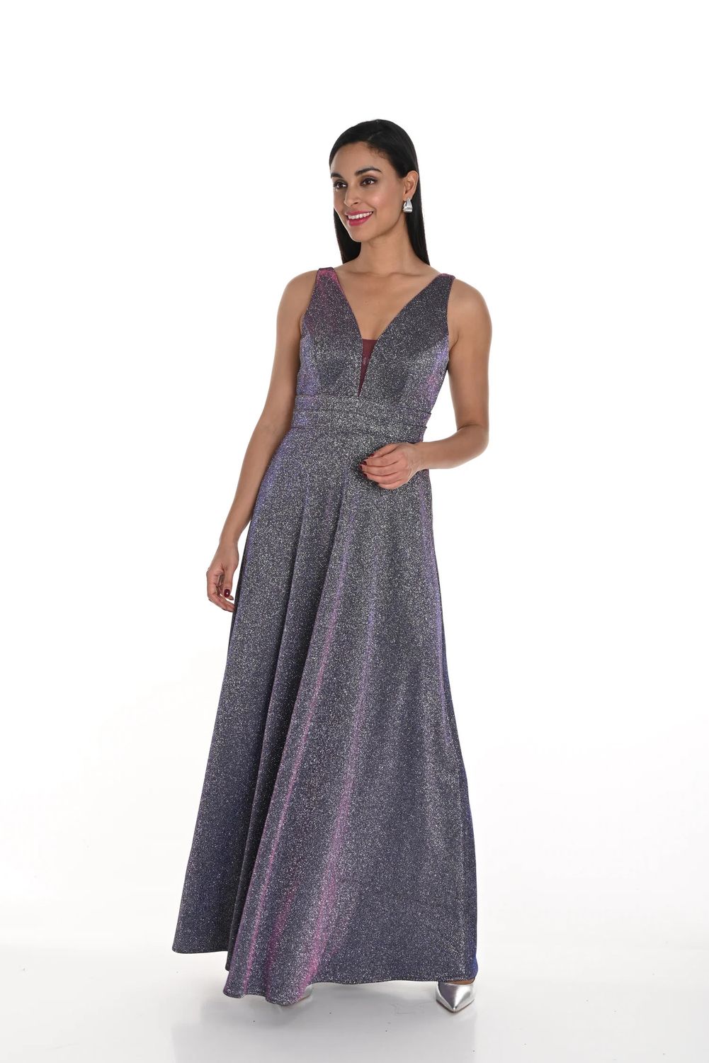 Belted v-neck metalic woven dress, Color: Pur/ Silver/ Roy, Size: S