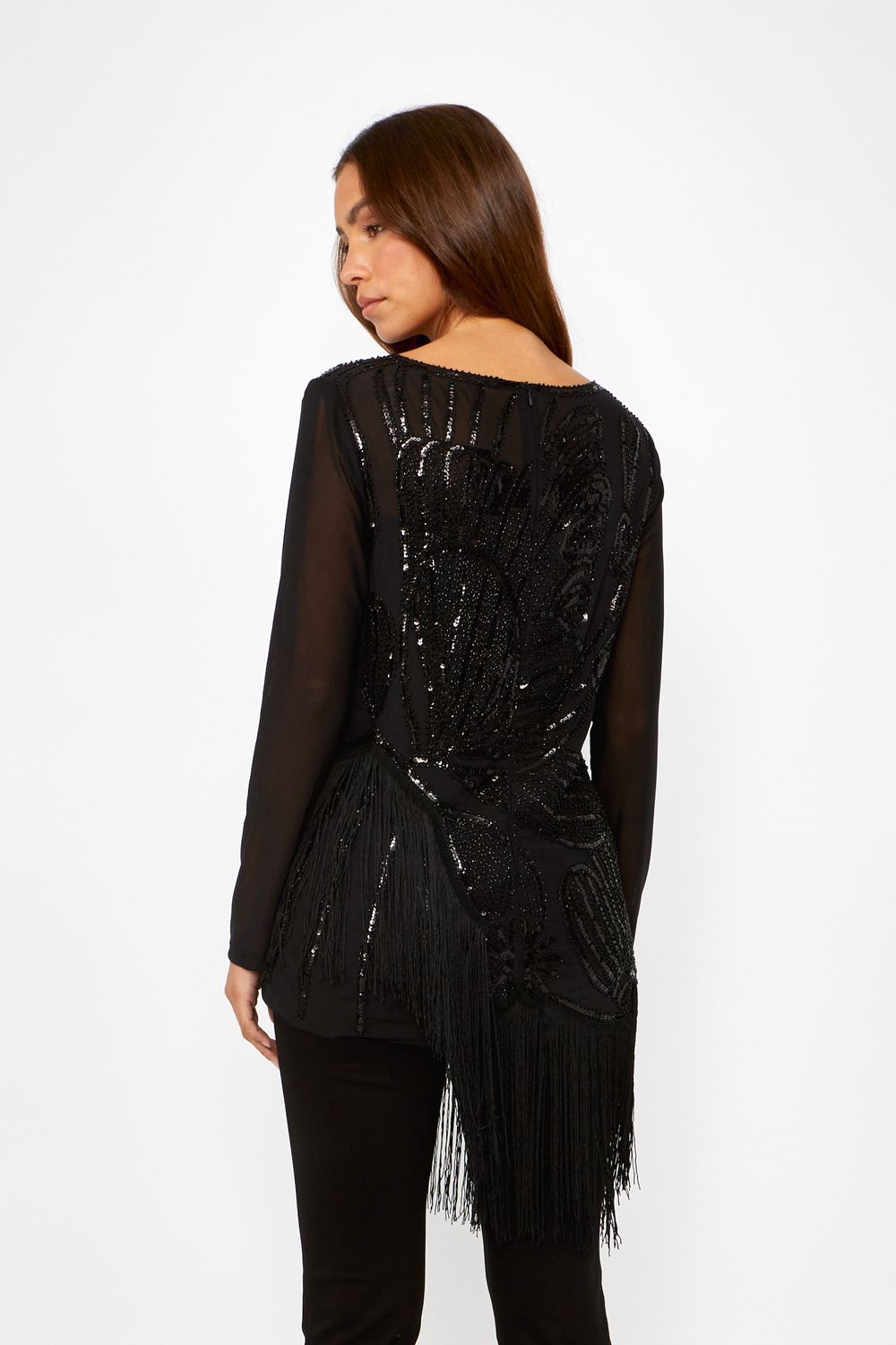 Sequin &amp; fringe pull over tunic, Color: Black, Size: S