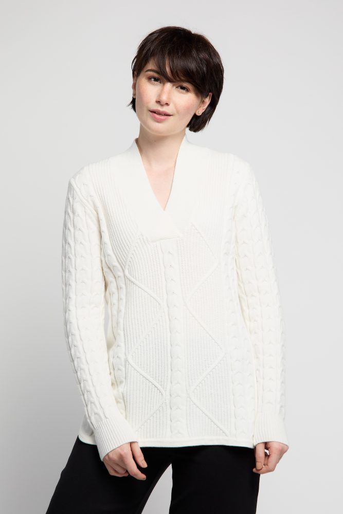 High v-neck cable knit sweater, Color: Snow White, Size: S