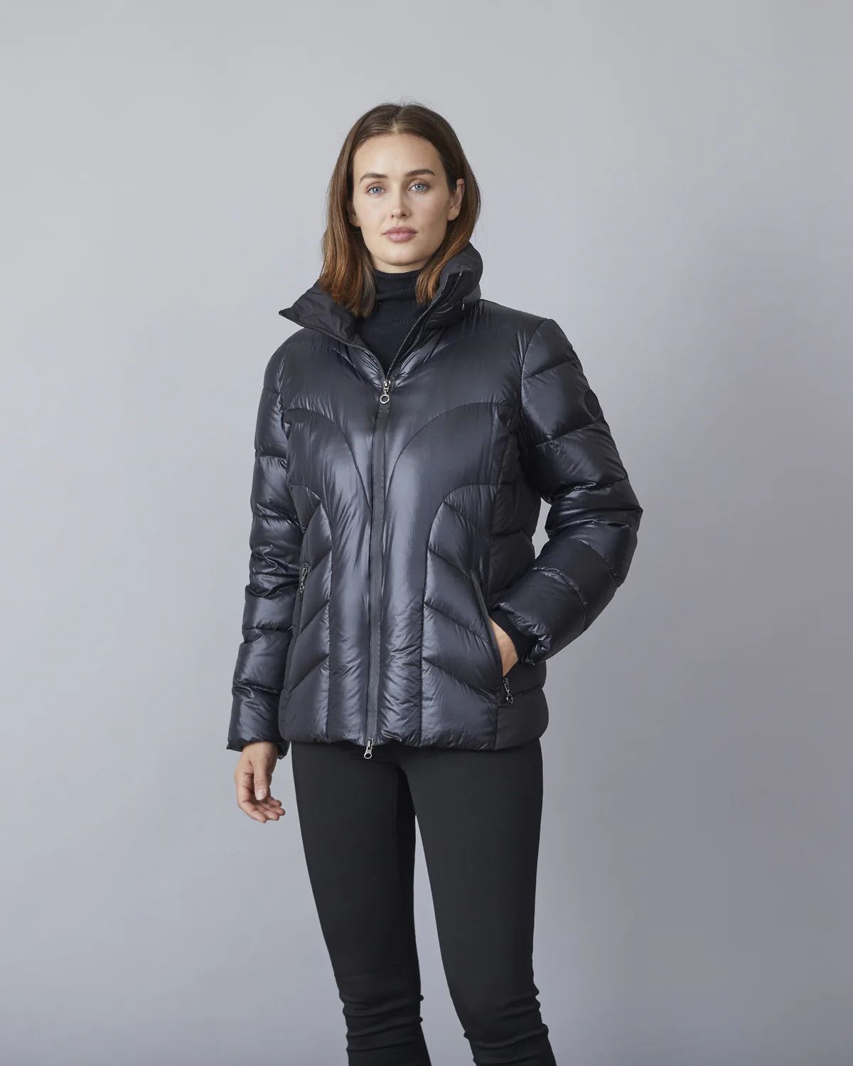 Quilted down coat w/ hidden hood, Color: Black, Size: 6