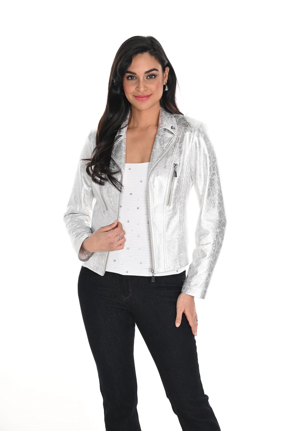 Metallic front zip moto jacket, Color: Silver, Size: S