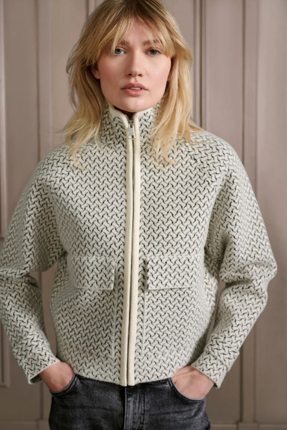 Woven print zip sweater , Color: Chalk Mix, Size: S