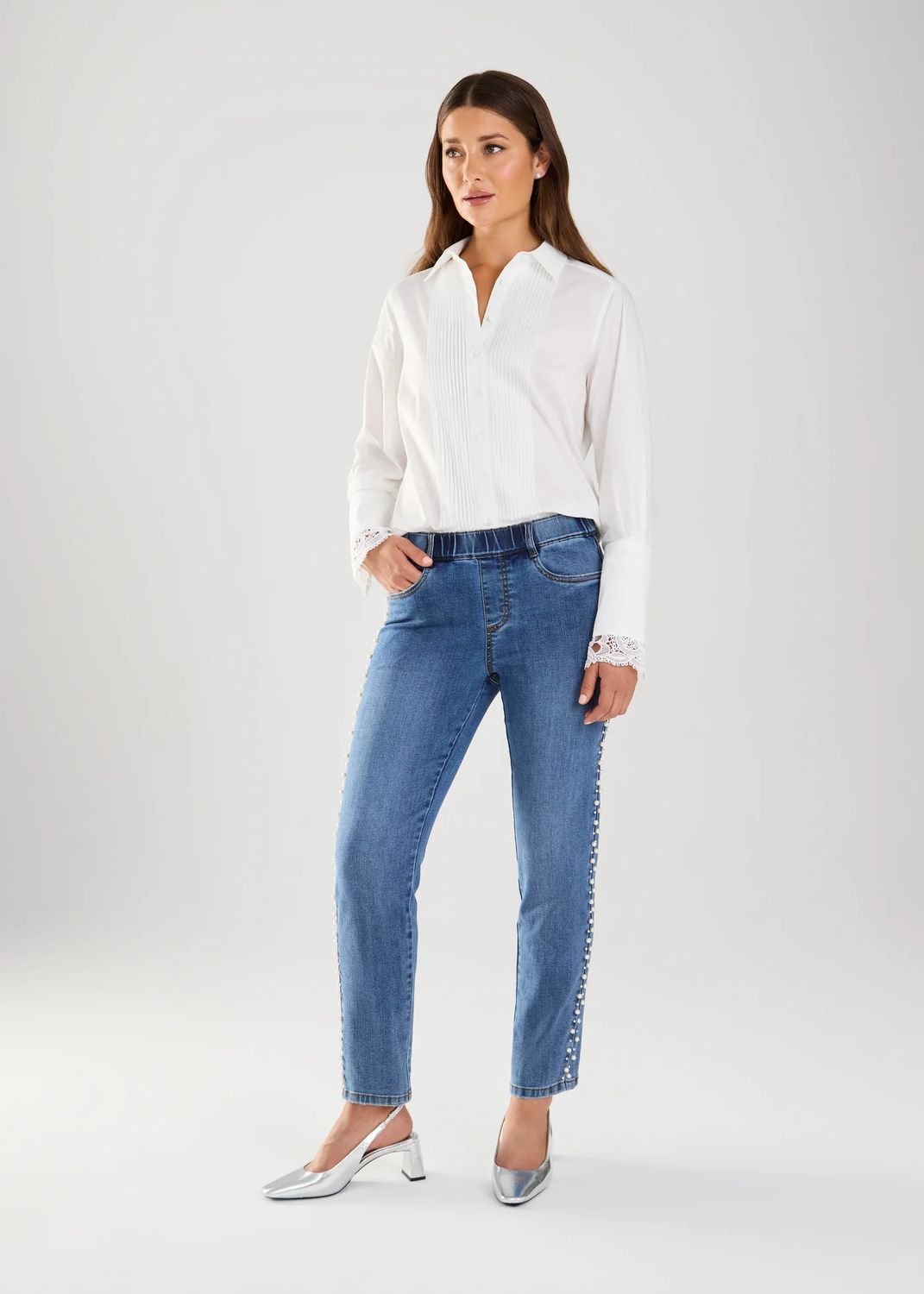 Pull- on pencil jean w/ pearl detail, Color: Dark Indigo, Size: 4