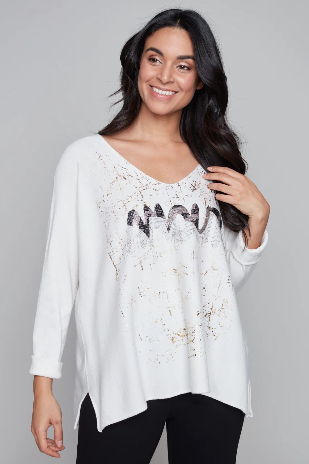 Foil print v-neck top, Color: Ivory, Size: S