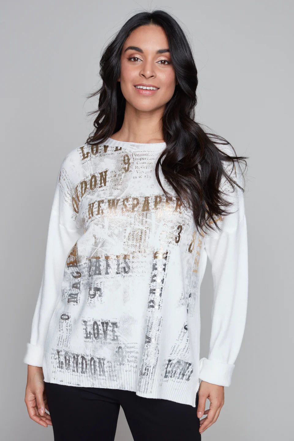 Foil print dolman top , Color: Ivory, Size: S