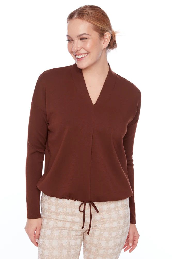 Butter V-neck drawstring top, Color: Truffle, Size: S