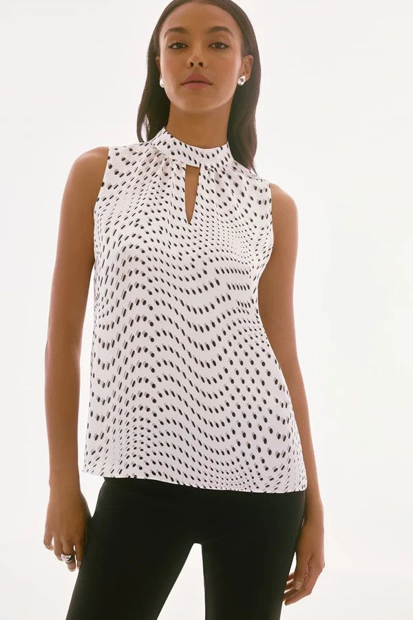 Halter neck print sateen top, Color: White/ Black, Size: 6
