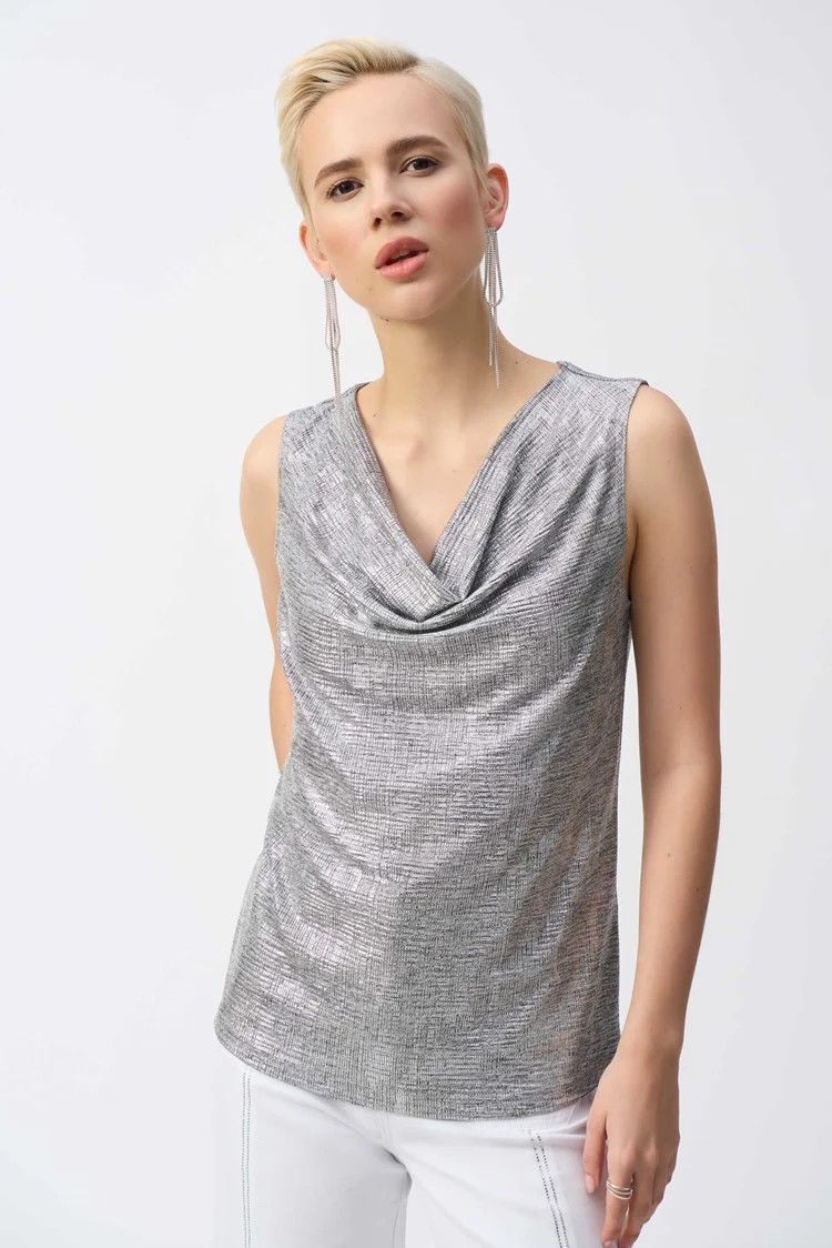 Foiled cowl neck sleeveless top, Color: Silver/ Grey, Size: 8