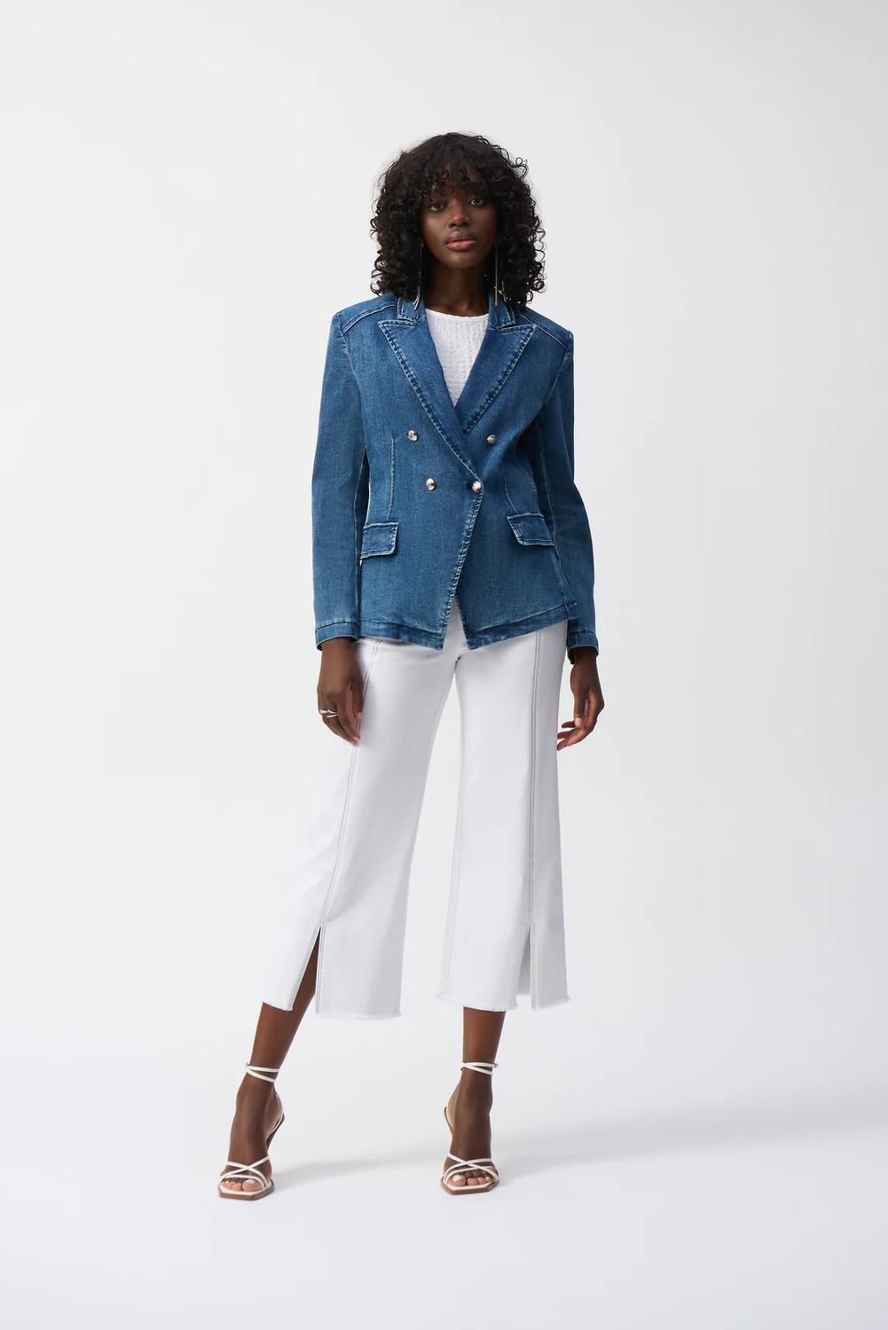 Stretch denim double breasted blazer, Color: Denim, Size: XS
