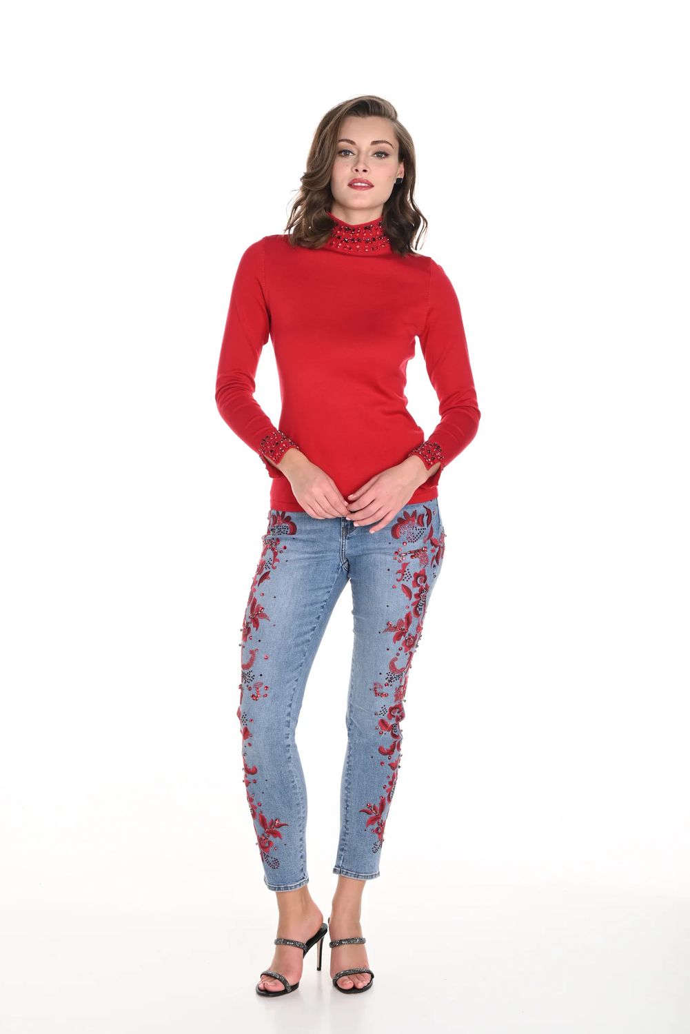 Embroidered rhinestone jean , Color: denim/ Red, Size: S