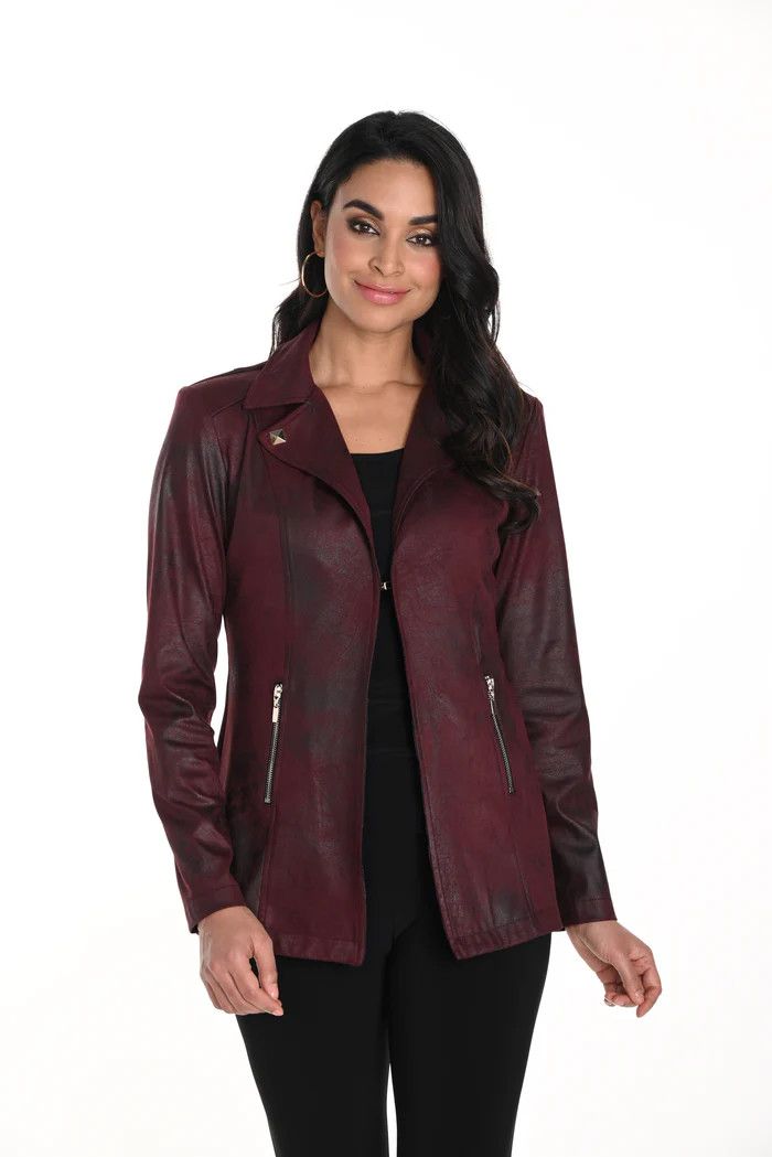 Vintage faux long moto jkt, Color: Wine, Size: 10