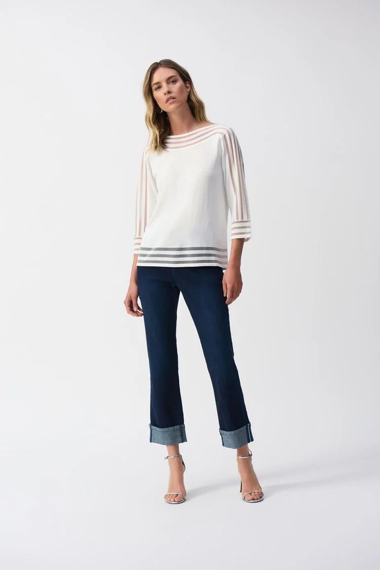Mesh stripe boat neck top, Color: Vanilla, Size: M