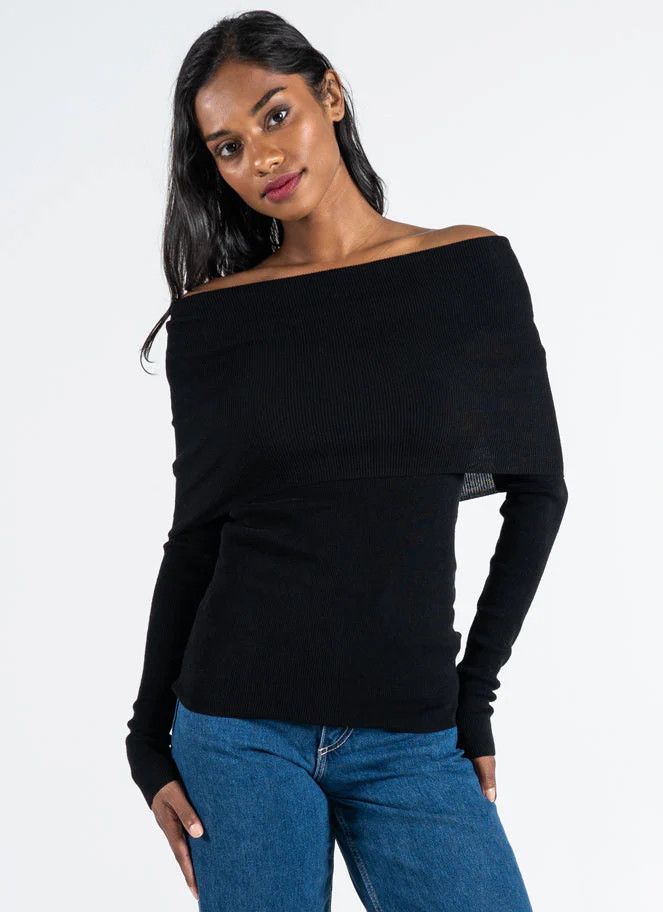 Knit off the shoulder top, Color: Black, Size: S