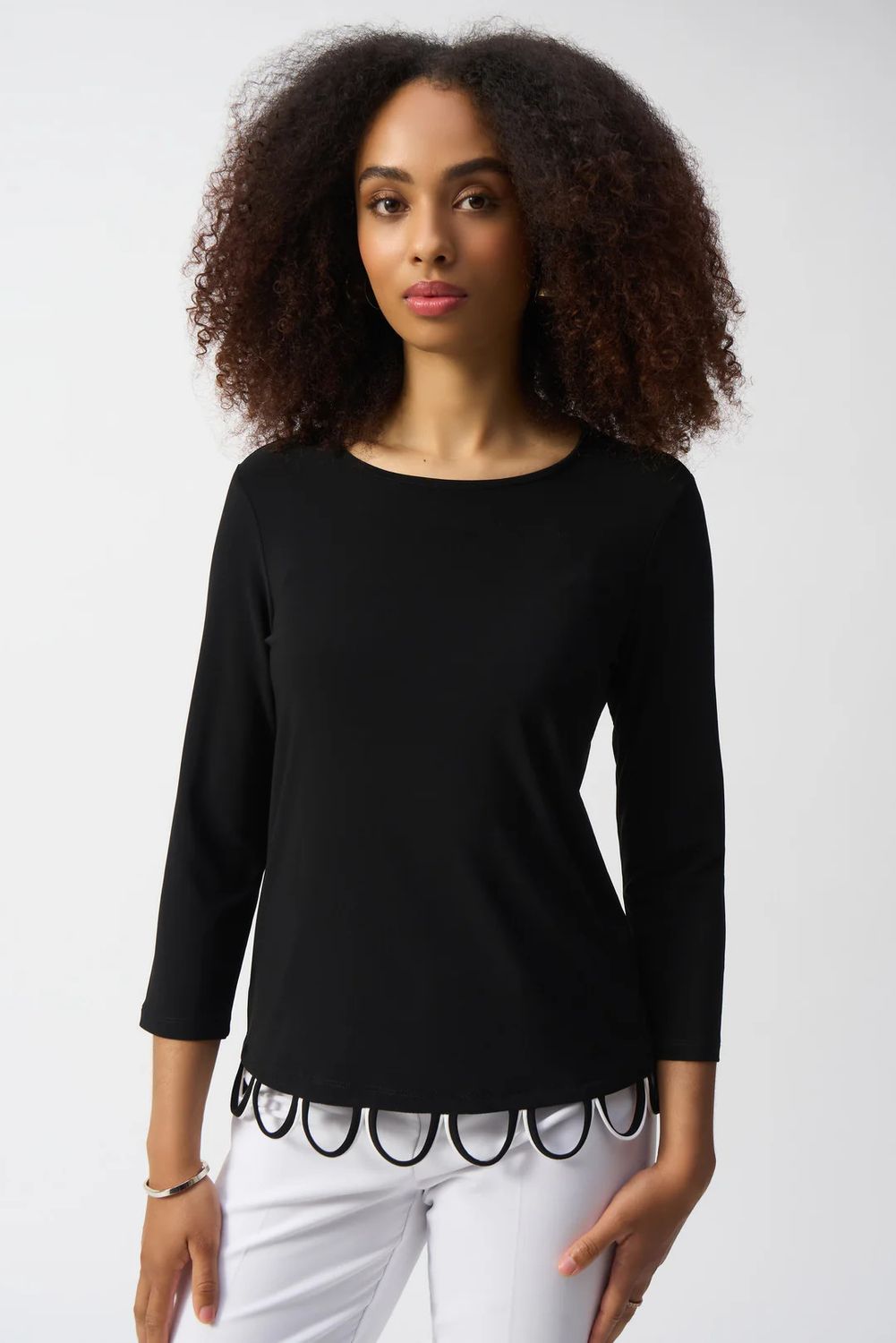 Silk- like top w/ loop hem detail, Color: Vanilla/ Black, Size: 12