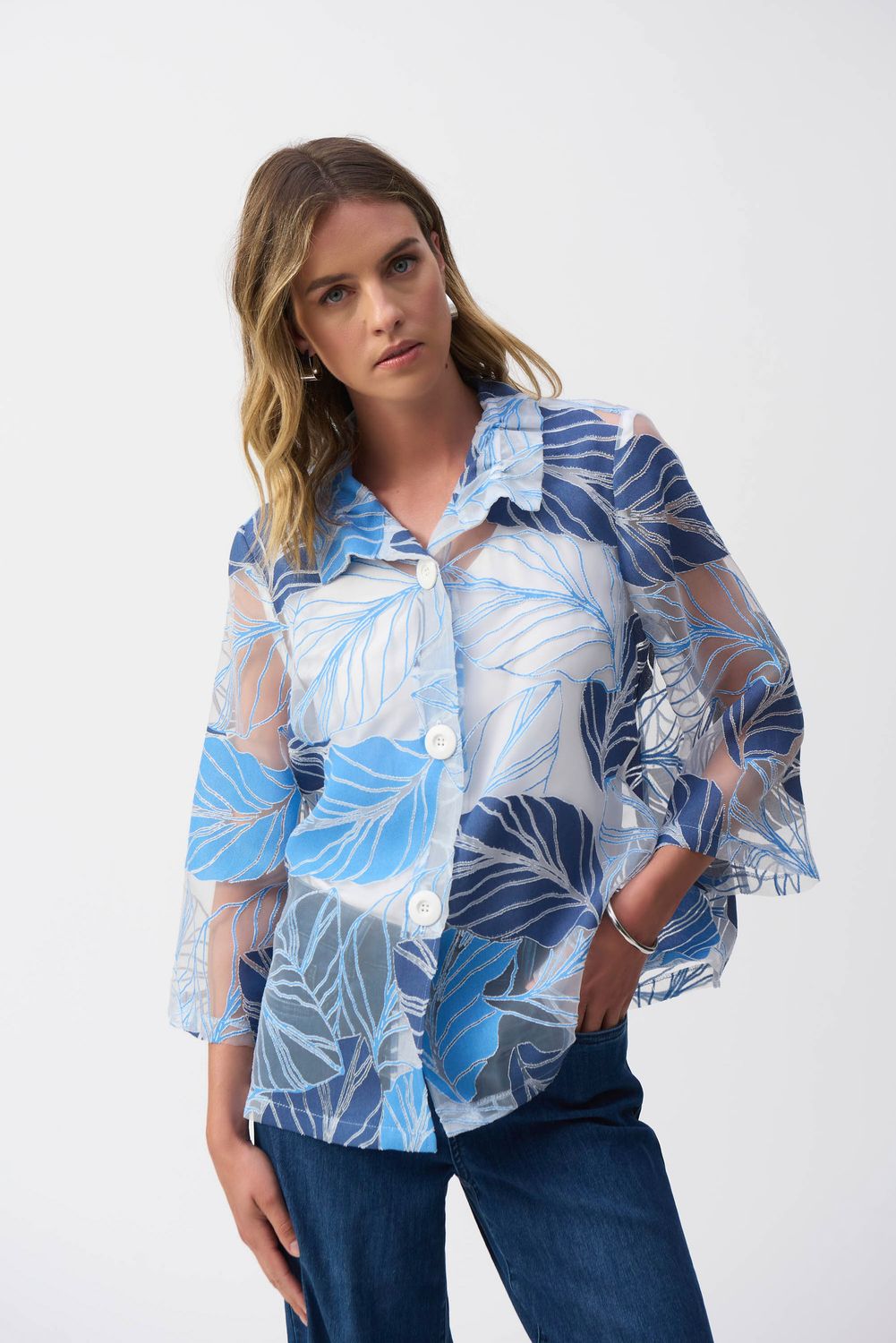 Floral sheer collared button up , Color: Blue/ Multi, Size: 12
