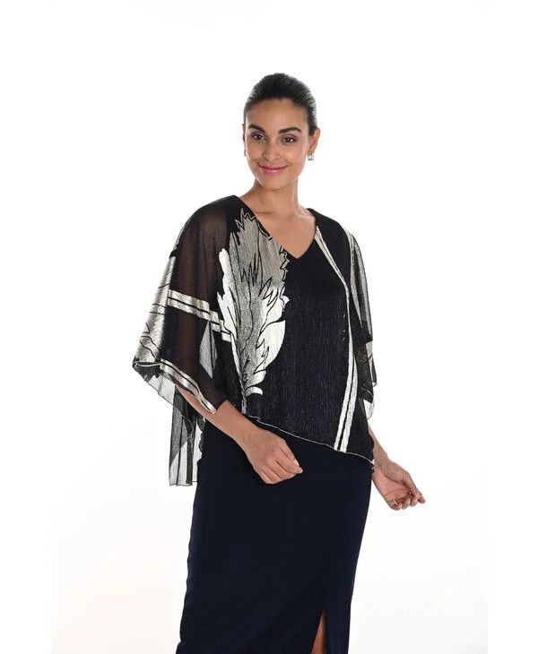 Metallic floral overlay top , Color: Navy/ Gold, Size: XS