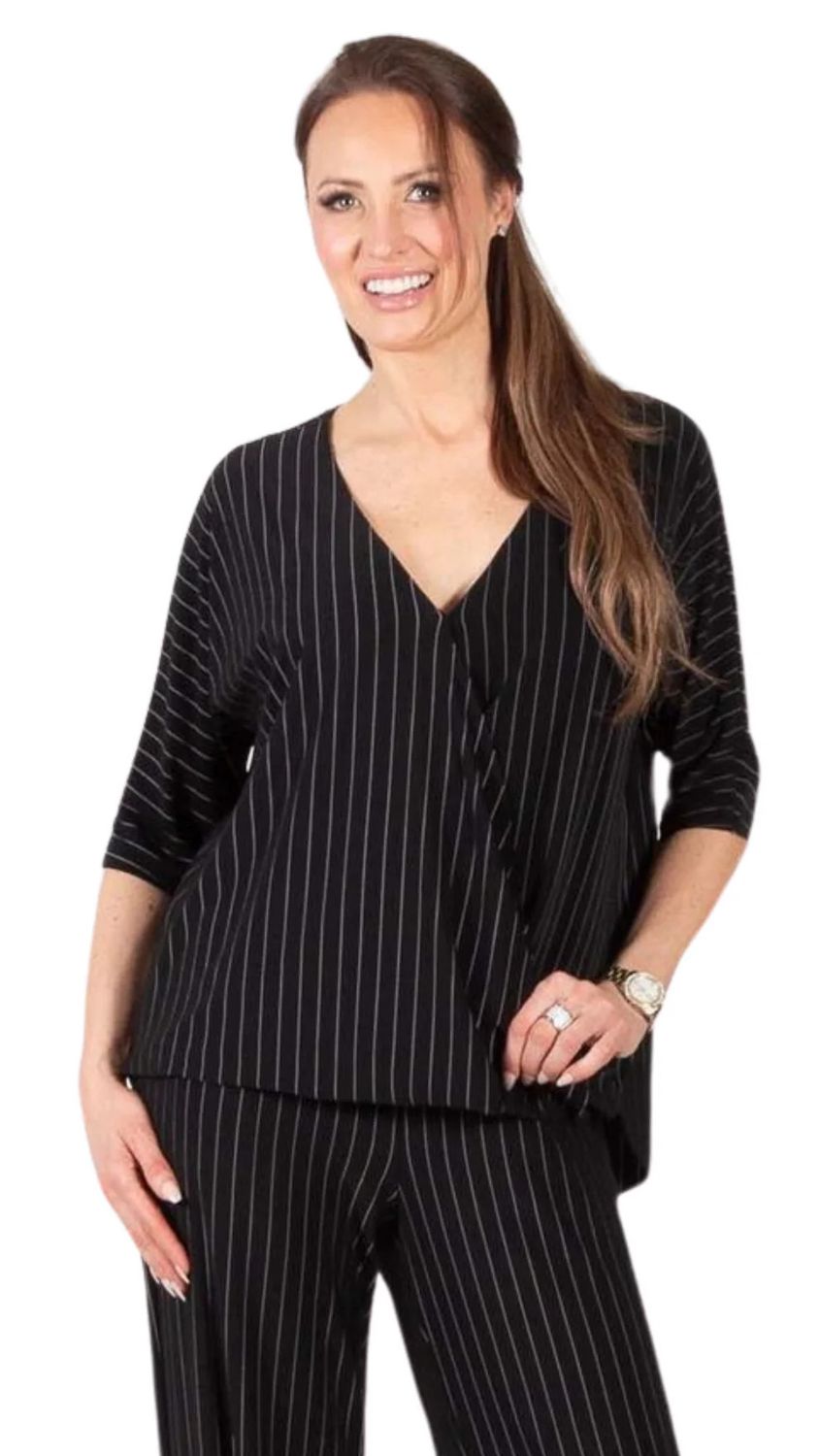 Twisted hem pinstripe top, Color: Black/ Ivory, Size: M
