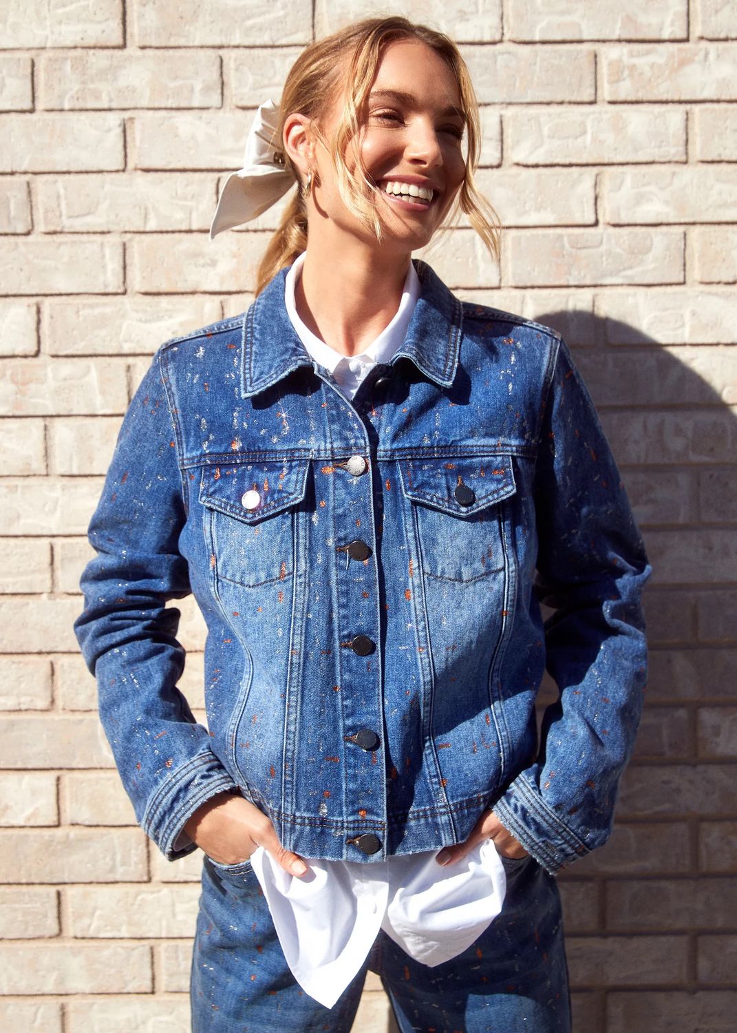 Metallic splatter crop denim jacket , Color: Medium Wash, Size: S
